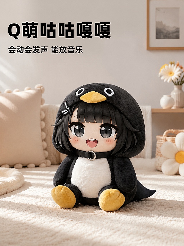[主图-1] 咕咕嘎嘎发声企鹅玩偶首图，Q萌可爱主题展示。氛围风格：治愈温馨可爱风；画质：商业摄影质感、光线柔和通透、产品清晰真实、画面干净高级。元素：咕咕嘎嘎发声企鹅玩偶居中放置，软萌毛绒质感，保持产品外观（即物理结构、材质质感、颜色）与输入产品图绝对一致，杜绝任何变形和色差，精细化处理，商品主体占比约65%，放置在温馨卧室地毯场景背景，浅灰色墙面搭配柔和软装，画面满屏无边框，预留文案区域。光影：柔和自然侧光，光线均匀漫反射，整体氛围温暖明亮，突出毛绒柔软质感，高光点缀鼻头和脚掌，暗部层次丰富不沉闷。配色：主色调黑、白、暖黄，浅灰色背景柔和过渡，色彩干净明快。视角构图：平视45度斜视角，景深适中，主体突出轮廓完整不裁切。文字版式：左上负空间左对齐留安全边距，大字文案 "Q萌咕咕嘎嘎"，黑色粗体无衬线最大字号；辅助短句 "会动会发声 能放音乐"，约半高，同色系字体。整体文字不遮挡主体，清晰可读。比例分辨率：3:4比例，4k分辨率，文字清晰锐利，画面超高清。负向提示词：变形，文字错乱，产品图模糊，背景杂乱，水印，电商平台Logo