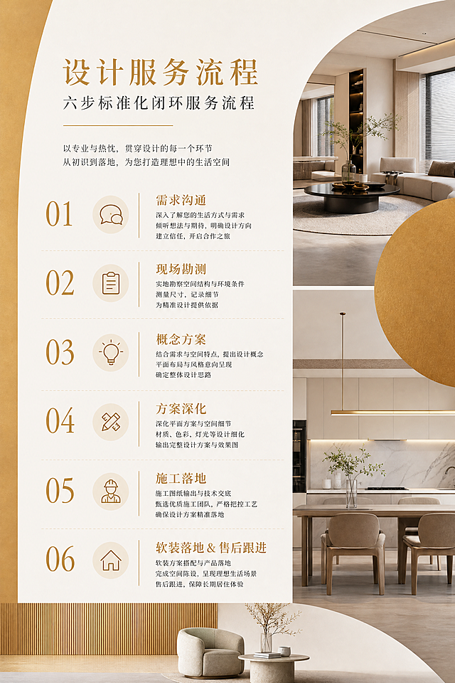 设计服务流程
为保障每一份设计方案的品质与效率，滨屿工作室建立6步标准化闭环服务流程，全程透明、节点清晰、高效可控：
第一步：需求对接与信息采集
专属设计师一对一沟通，全面了解客户项目类型、设计风格、功能需求、落地场景、预算标准，同步收集客户提供的量房数据、户型图、现场照片等基础资料，梳理核心设计要点。
第二步：方案规划与思路确认
设计师结合户型结构与需求，梳理整体设计思路、空间布局方案、风格定位、材质搭配逻辑，形成初步设计规划，与客户沟通确认，确保核心思路无偏差。
第三步：初稿设计与效果输出
按照确认的设计思路，完成全屋空间布局、柜体结构、色彩材质搭配设计，输出酷家乐高清效果图初稿，直观呈现全屋落地效果。
第四步：细节优化与方案修改
针对客户反馈的修改意见，精细化调整效果图风格、布局、细节搭配，反复打磨优化，直至客户确认效果图方案定稿。
第五步：专业图纸深化制作
效果图定稿后，进行CAD结构图、施工图深度细化，精准标注尺寸、工艺、节点、材质、安装规范等关键信息，确保图纸符合生产、施工标准。
第六步：定稿交付与售后对接
全套图纸审核校验无误后，打包交付高清效果图、全套CAD图纸文件，同步提供图纸解读、落地适配答疑服务，全程跟进落地疑问。

整体导入文案（不可修改），补充生成一个版面，版面色调：金黄色