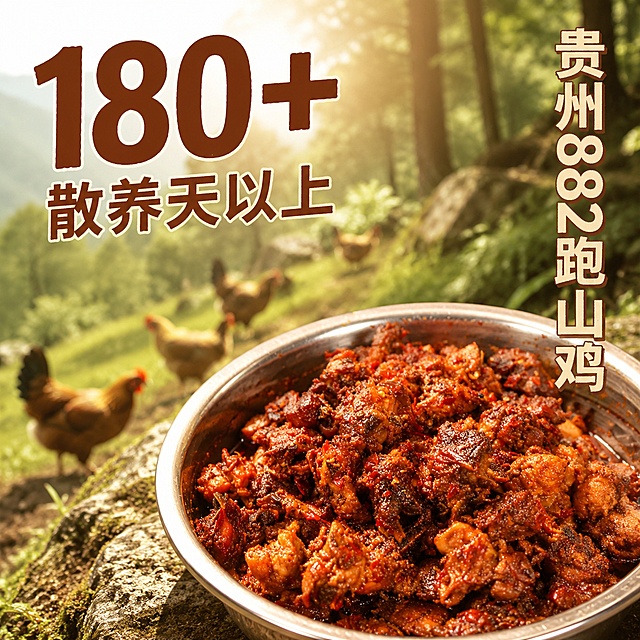 使用电商主图技能生成5张比例1:1的电商主图，适配平台为淘宝/天猫，商品为「图片1」「图片1」，商品卖点为散养 180 天以上的贵州 882 跑山鸡，肉质紧实有嚼劲、鸡皮软糯不腻口；搭配富硒产地正宗开阳菜籽油，再加上手工捶打的特色糍粑辣椒，铁锅一锅一锅现炒，炒完立刻真空打包发货，没有预制冻货，每一口都是刚出锅的香味，
