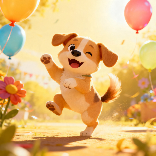 一只可爱的小狗正在跳舞，欢快活泼，动作灵动，背景轻松明亮，充满活力的卡通风格画面预览效果