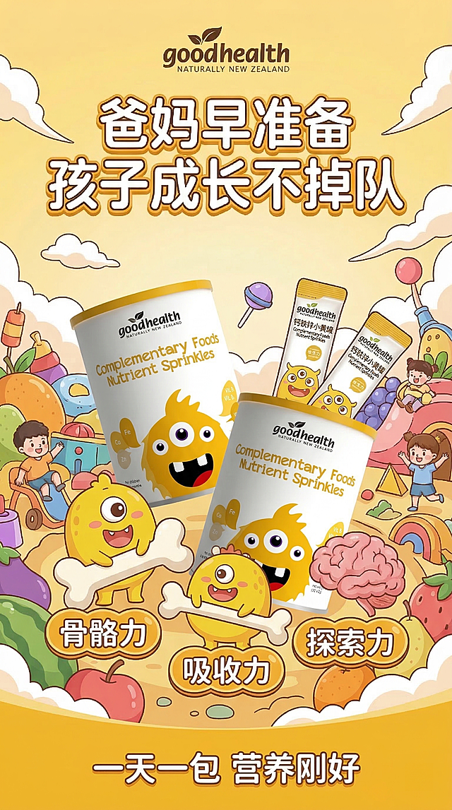 插画风结合软3D设计，拟人化小黄球角色传递可爱与趣味感，水彩质感背景营造梦幻温馨氛围，波普艺术元素点缀，突出儿童营养产品的卡通感与节日欢乐气息。