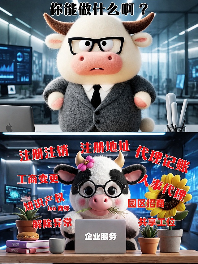保留原图中的两个毛绒牛形象和所有红色文字内容，将背景更换为科技感办公场景，保持原图布局和整体内容不变，提升整体质感