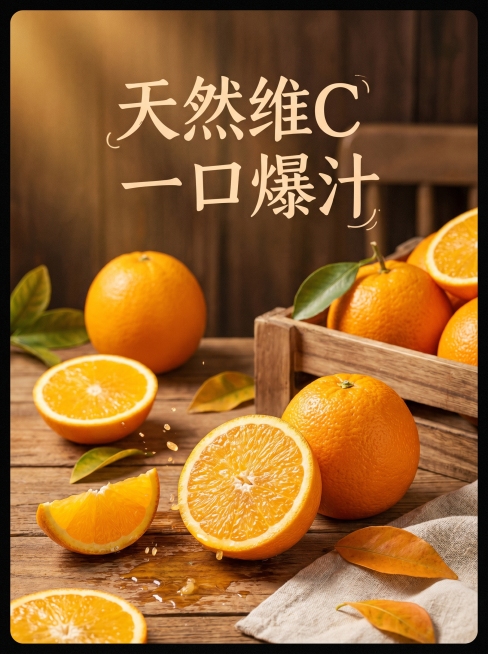 脐橙创意宣传海报，多个完整脐橙搭配切开的果肉特写，木质纹理桌面背景，暖色调高级质感，颗粒饱满鲜嫩多汁，文字"天然维C 一口爆汁"，适合电商活动主图海报，食欲感满满预览效果