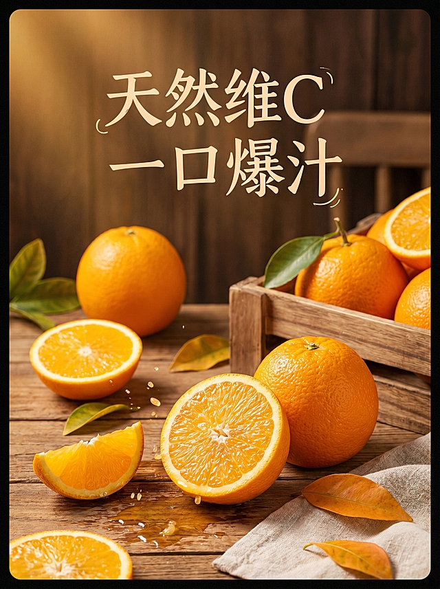 脐橙创意宣传海报，多个完整脐橙搭配切开的果肉特写，木质纹理桌面背景，暖色调高级质感，颗粒饱满鲜嫩多汁，文字"天然维C 一口爆汁"，适合电商活动主图海报，食欲感满满
