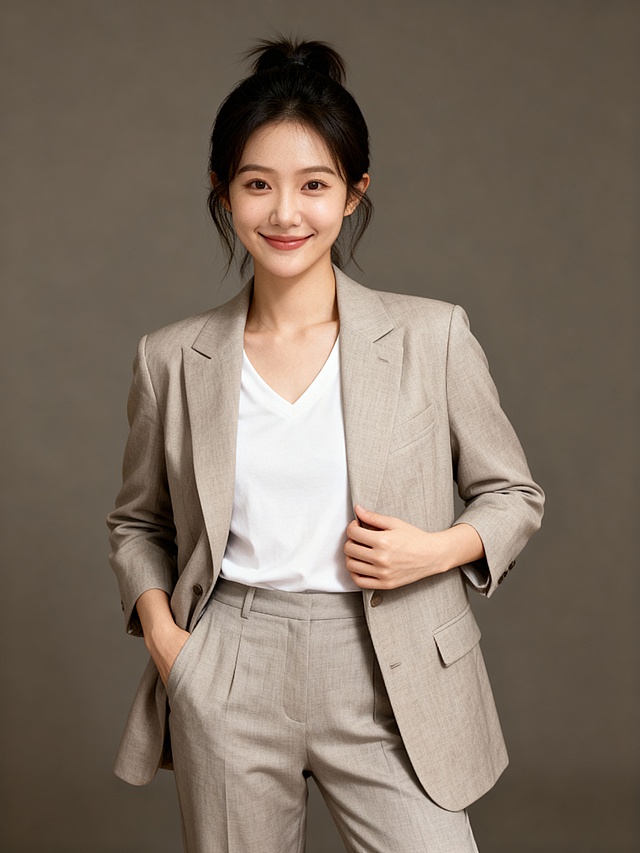 温柔知性米色西装单手插兜女性职业形象照