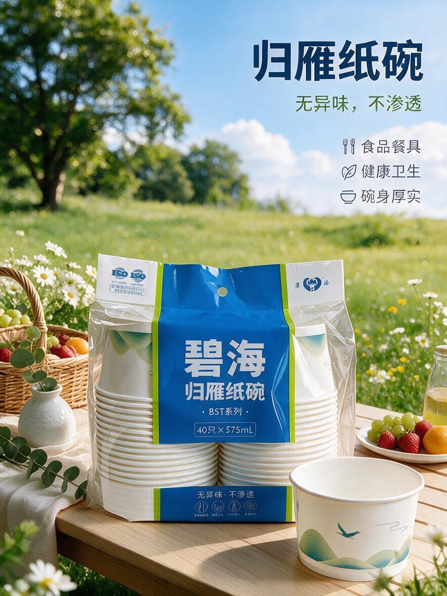 保持草地野餐背景和右上角文字排版不变，将归雁纸碗产品整体放大，… - 图片创意预览