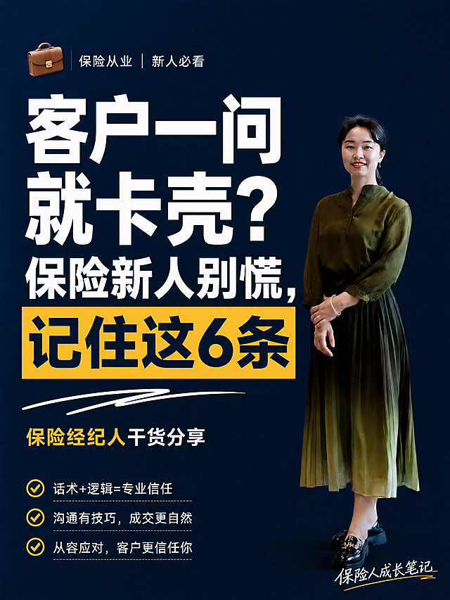 小红书笔记大字封面，配图大字，杂志海报职场风，版式精美，小红书笔记封面质感，适合信息流点击。版式骨架、分区比例、色调体系与参考图保持一致（相似度约70%），文案与配图换为本次内容。主标题必须完整呈现且为画面视觉中心，逐字锁定：「客户一问就卡壳？保险新人别慌，记住这6条」。主标题字号占画面约55%视觉权重，清晰可读，不得增删改字。副标题：「保险经纪人干货分享」。装饰短句/角标：「保险人成长笔记」。背景：深蓝色渐变纯色底，沉稳专业职场感，非黄底。标题排版：扁平超粗黑体/sans，白字为主，关键词“记住这6条”加黄色矩形色块底增强对比，主标题分两行排布，第一行“客户一问就卡壳？”，第二行“保险新人别慌，记住这6条”，采用配图大字I10超大字+人物拼贴策略。配图：用户【图1】人物抠图置于画面右侧，人物外形、服装、五官与上传图一致，人物占画面约35%面积，背景干净突出大字；【图2】作为版式与风格参考图，参考其左文右图的构图、深蓝色背景、黄色高亮色块、顶部标签栏、底部角标等版式结构。装饰：左上角1个公文包emoji小贴纸；顶部有“保险从业 | 新人必看”标签栏；底部右下角手写体角标“保险人成长笔记”；另加1条手绘白色曲线装饰在主标题下方；emoji不与主标题逐字混排，禁止底部横排多个emoji。整体氛围：专业干货、职场分享、保险新人成长、信任感。画质：高清细腻，信息层级清晰，主标题与背景强对比（深底白字+黄色色块高亮），文字完整处于安全区内不可裁切，四周留安全边距。画面比例3:4，4K。图生图：严格使用用户上传图片，【图1】=人物配图（抠图用于右侧人物区），【图2】=版式风格参考图（参考构图与色调），顺序与上传一致。