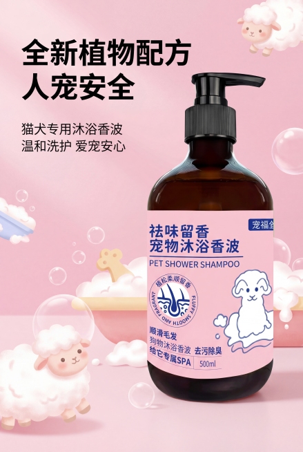 2:3 竖屏，严格还原上传的宠物沐浴香波产品图，包括包装设计、颜色、LOGO位置、文字内容、图案元素等所有细节，去掉无关的背景杂物或者手，产品尺寸比例保持1:1。整体采用高级清新治愈的宠物用品风格，主预览效果