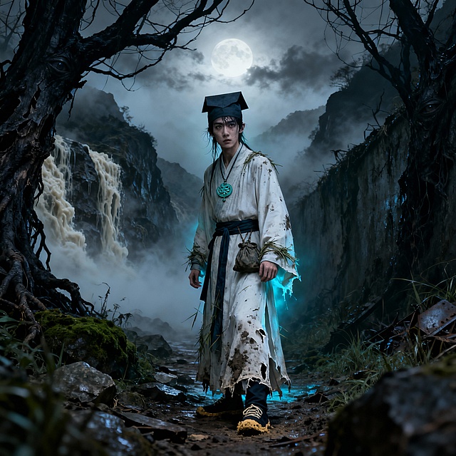 环境设定：
夜色如凝固的墨，泼洒在层叠的荒山之间。雾气并非薄纱，而是潮湿厚重的乳白色浊流，从山谷深处、树根底部、岩石缝隙中不断渗出，缓慢地淹没一切。月光被彻底隔绝，世界仅存的微光来自云层后朦胧的惨白月晕，将雾气染上一层病态的、死寂的灰亮。

具体意象：

· 山径：脚下是一条几乎被荒草吞没的野径，路面碎石嶙峋，湿滑的苔藓在仅有的微光下泛着幽暗的绿色。路径蜿蜒隐入前方更浓的雾墙，看不见来路，也望不到尽头。
· 林木：两侧的古树是雾中最具压迫感的存在。树干粗粝如老人皮肤，深色的树皮皲裂成诡异的纹路，如同无数只半睁的眼睛。枝桠肆意横斜，在头顶交错成一张巨大的、窒息的黑网。没有树叶的沙沙声，只有绝对的静止。
· 声音与气息：万籁俱寂到能听见自己血液流动的嗡鸣。偶尔，远处传来一声模糊的、像是枯木折断又像是低沉呜咽的声响，瞬间又归于死寂。空气中弥漫着腐烂植被的甜腥味、冰冷岩石的土腥味，以及一种难以言喻的、类似陈旧金属或熄灭香火的灰烬气息。雾气本身带着刺骨的寒意，附着在皮肤上，凝成细小冰冷的水珠。
· 氛围核心：这不是宁静的山野，而是一种被放大、被拉伸的“空白”。恐惧不源于可见的怪物，而源于这无边无际的、吞噬声音、光线和方向的混沌。每一处阴影都可能藏匿着什么，也可能空无一物——而正是这“未知”，构成了最原始的压迫。

---

人物描述：夜行书生·林墨

一、整体形貌与气质
林墨，约二十二三岁，身形清瘦如修竹。长期的寒窗苦读赋予他一种文弱的骨架，但此刻的困境，却让这文弱之下显露出一丝被逼出的、属于年轻人的韧劲。他像一个从水墨古卷中走错时代的意象，被突兀地抛掷进这片蛮荒的、拒绝诗文的天地。气质是儒雅与惊惶的混合体，文明的衣冠与荒野的压迫在他身上形成剧烈冲突。

二、面部与神态

· 面容：脸庞是读书人特有的苍白，但此刻更因寒冷与恐惧而近乎透明。五官清俊，鼻梁挺直，嘴唇薄而轮廓分明，此刻却因紧抿而失去血色。
· 眉眼：眉形如远山，此刻深深锁着，在眉心刻下两道纹路，凝聚着全部的忧虑与警觉。眼睛是他脸上最“活”的部分——眸子漆黑，在昏暗光线下异常明亮，里面燃烧着复杂的火焰：七分是强行镇定的理智，两分是压抑不住的恐惧，还有一分是近乎执拗的、寻找出路的光。眼下的青黑透露出深深的疲惫。
· 表情：一种凝固的紧张。下颌线紧绷，面部肌肉微微僵硬，仿佛随时准备应对从雾中扑出的危险。但当他的目光落在手中的书卷或远方的迷雾时，又会掠过一瞬间的茫然与深藏的忧郁。

三、衣着与配饰

· 衣袍：一袭半旧的月白色直裰，但如今已沾满泥渍、露水与草屑，下摆和袖口有多处被荆棘勾破的裂口，露出内里灰色的中衣。布料被夜雾浸透，沉重地贴在身上，更显其身形的单薄。衣袍的“白”在灰雾中异常突兀，像一点随时会被吞没的微光。
· 头巾与发髻：头戴玄色（黑中微红）的四方平定巾，也已微湿。头发整齐地束在巾内，但几缕散发被汗水和雾气打湿，贴在额角与脖颈，透出狼狈。
· 腰间：系着一条简单的深色绦带，悬着一枚青玉玉佩（刻有简单的云纹，是家传或师赠），随着他的步伐在雾中轻轻晃动，是唯一温润的细节。还有一个干瘪的旧锦囊（装或许已潮的干粮或几枚铜钱）。
· 鞋履：一双厚底的黑面布鞋，边缘已磨损开线，沾满黄泥，无声地诉说着长途跋涉的艰辛。环境设定：
夜色如凝固的墨，泼洒在层叠的荒山之间。雾气并非薄纱，而是潮湿厚重的乳白色浊流，从山谷深处、树根底部、岩石缝隙中不断渗出，缓慢地淹没一切。月光被彻底隔绝，世界仅存的微光来自云层后朦胧的惨白月晕，将雾气染上一层病态的、死寂的灰亮。

具体意象：

· 山径：脚下是一条几乎被荒草吞没的野径，路面碎石嶙峋，湿滑的苔藓在仅有的微光下泛着幽暗的绿色。路径蜿蜒隐入前方更浓的雾墙，看不见来路，也望不到尽头。
· 林木：两侧的古树是雾中最具压迫感的存在。树干粗粝如老人皮肤，深色的树皮皲裂成诡异的纹路，如同无数只半睁的眼睛。枝桠肆意横斜，在头顶交错成一张巨大的、窒息的黑网。没有树叶的沙沙声，只有绝对的静止。
· 声音与气息：万籁俱寂到能听见自己血液流动的嗡鸣。偶尔，远处传来一声模糊的、像是枯木折断又像是低沉呜咽的声响，瞬间又归于死寂。空气中弥漫着腐烂植被的甜腥味、冰冷岩石的土腥味，以及一种难以言喻的、类似陈旧金属或熄灭香火的灰烬气息。雾气本身带着刺骨的寒意，附着在皮肤上，凝成细小冰冷的水珠。
· 氛围核心：这不是宁静的山野，而是一种被放大、被拉伸的“空白”。恐惧不源于可见的怪物，而源于这无边无际的、吞噬声音、光线和方向的混沌。每一处阴影都可能藏匿着什么，也可能空无一物——而正是这“未知”，构成了最原始的压迫。

---

人物描述：夜行书生·林墨

一、整体形貌与气质
林墨，约二十二三岁，身形清瘦如修竹。长期的寒窗苦读赋予他一种文弱的骨架，但此刻的困境，却让这文弱之下显露出一丝被逼出的、属于年轻人的韧劲。他像一个从水墨古卷中走错时代的意象，被突兀地抛掷进这片蛮荒的、拒绝诗文的天地。气质是儒雅与惊惶的混合体，文明的衣冠与荒野的压迫在他身上形成剧烈冲突。

二、面部与神态

· 面容：脸庞是读书人特有的苍白，但此刻更因寒冷与恐惧而近乎透明。五官清俊，鼻梁挺直，嘴唇薄而轮廓分明，此刻却因紧抿而失去血色。
· 眉眼：眉形如远山，此刻深深锁着，在眉心刻下两道纹路，凝聚着全部的忧虑与警觉。眼睛是他脸上最“活”的部分——眸子漆黑，在昏暗光线下异常明亮，里面燃烧着复杂的火焰：七分是强行镇定的理智，两分是压抑不住的恐惧，还有一分是近乎执拗的、寻找出路的光。眼下的青黑透露出深深的疲惫。
· 表情：一种凝固的紧张。下颌线紧绷，面部肌肉微微僵硬，仿佛随时准备应对从雾中扑出的危险。但当他的目光落在手中的书卷或远方的迷雾时，又会掠过一瞬间的茫然与深藏的忧郁。

三、衣着与配饰

· 衣袍：一袭半旧的月白色直裰，但如今已沾满泥渍、露水与草屑，下摆和袖口有多处被荆棘勾破的裂口，露出内里灰色的中衣。布料被夜雾浸透，沉重地贴在身上，更显其身形的单薄。衣袍的“白”在灰雾中异常突兀，像一点随时会被吞没的微光。
· 头巾与发髻：头戴玄色（黑中微红）的四方平定巾，也已微湿。头发整齐地束在巾内，但几缕散发被汗水和雾气打湿，贴在额角与脖颈，透出狼狈。
· 腰间：系着一条简单的深色绦带，悬着一枚青玉玉佩（刻有简单的云纹，是家传或师赠），随着他的步伐在雾中轻轻晃动，是唯一温润的细节。还有一个干瘪的旧锦囊（装或许已潮的干粮或几枚铜钱）。
· 鞋履：一双厚底的黑面布鞋，边缘已磨损开线，沾满黄泥，无声地诉说着长途跋涉的艰辛。环境设定：
夜色如凝固的墨，泼洒在层叠的荒山之间。雾气并非薄纱，而是潮湿厚重的乳白色浊流，从山谷深处、树根底部、岩石缝隙中不断渗出，缓慢地淹没一切。月光被彻底隔绝，世界仅存的微光来自云层后朦胧的惨白月晕，将雾气染上一层病态的、死寂的灰亮。

具体意象：

· 山径：脚下是一条几乎被荒草吞没的野径，路面碎石嶙峋，湿滑的苔藓在仅有的微光下泛着幽暗的绿色。路径蜿蜒隐入前方更浓的雾墙，看不见来路，也望不到尽头。
· 林木：两侧的古树是雾中最具压迫感的存在。树干粗粝如老人皮肤，深色的树皮皲裂成诡异的纹路，如同无数只半睁的眼睛。枝桠肆意横斜，在头顶交错成一张巨大的、窒息的黑网。没有树叶的沙