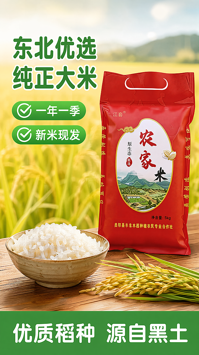[第1屏] 详情页头图-东北农家优选大米新品宣传海报。本屏使用【图1】作为商品主体，保持红色包装结构、文字、颜色与原图一致。自然清新稻田风，浅黄绿背景绿黄撞色，商业摄影质感。红色包装放右侧中上占65%画面，背景虚化金黄稻田，底部加木质餐桌，放一碗煮好的米饭装饰。左上留标题区，主标题写“东北优选 纯正大米”深绿字，下方两个绿底卖点：一年一季、新米现发，底部绿条写“优质稻种 源自黑土”白字。字体圆角黑体，字色不超两种。9:16竖版，4K，文字清晰。负向：包装变形、文字错乱、颜色偏差