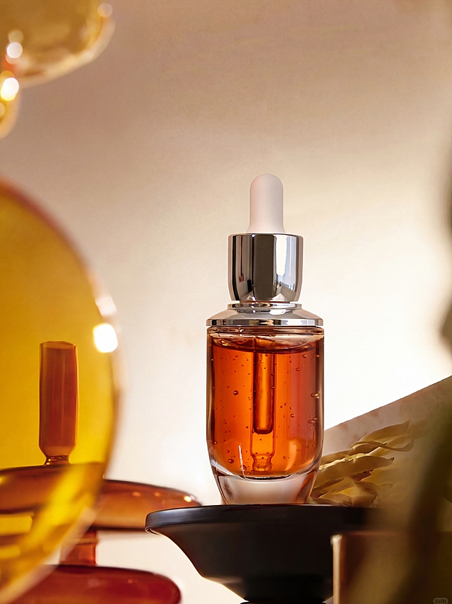 将图中原有的黑色盖子香水瓶替换成用户提供的滴管精华瓶子，保持原图片的构图、光影和背景氛围不变，替换后自然融合