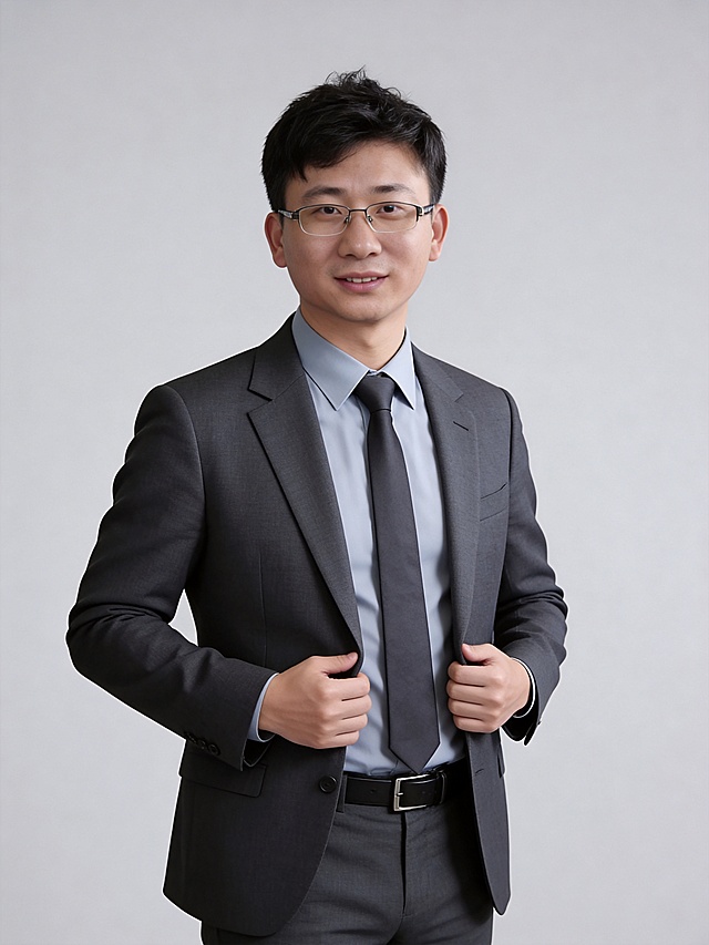 参考第一张图保留人物脸型､发型､年龄等特征生成职场形象照,参考第二张图人物占位和比例,标准焦段50mm,f/4光圈(f/2.8-f/4区间),平视视角(镜头与人物视线齐平);人物占画面70%,人物居中(居中构图),位于画面中心,为视觉聚焦点,入境范围头部及以下至臀部下方10cm(半身像);左右留少量背景空间;头部与画面顶部保留5%空间;头部发型完整,头肩比例协调;身穿深灰色单排扣西装外套,面料为细腻哑光的精纺羊毛(垂坠感);西装为平驳领､单粒扣设计;西裤为深灰色同色系｡搭配深灰色领带;精致暗色皮带;内搭高支精梳棉淡浅蓝灰色翻领衬衫,领口贴合颈部,线条简洁利落,正式严谨专业稳重,身形匀称,姿态端正｡呈正面轻微侧身站立,头部正对镜头,眼神直视镜头,目光坚定且澄澈,表情自然.嘴角上扬;面部光比1:1.5,4800k中性光,双手分别轻扶西装前襟,手肘微收贴近躯干;肢体自然,整体姿态放松,自信从容;干练大气,主体锐利,明暗过渡柔和,背景光线均匀,简约偏冷调浅灰度纯色背景(呈现均匀柔和质感),极简干净;32k画质超高分辨率､细节清晰,现代精致感风格;肤质精细化处理;微微修饰脸型,肤质哑光细腻,面部雾面柔光,轻透裸肌感,真实毛孔纹理,去除人物之外的所有元素｡严格按照第一张图内容生成｡