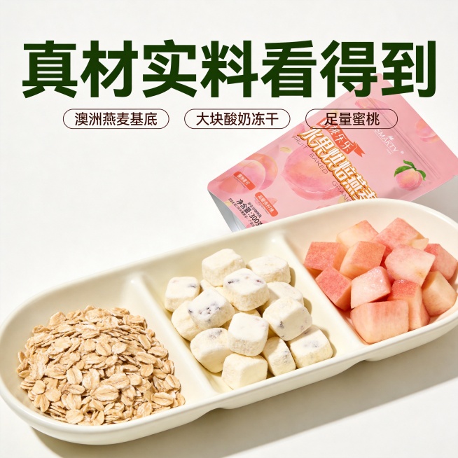 [主图-2] 粉桃乐乐烘焙燕麦真材实料分开展示，轻食风。氛围风格：干净清新，突出真实食材；画质：商业摄影质感、光线柔和通透、产品清晰真实、画面干净高级。元素：米白色长盘分三格摆放：一格澳洲全粒燕麦、一预览效果