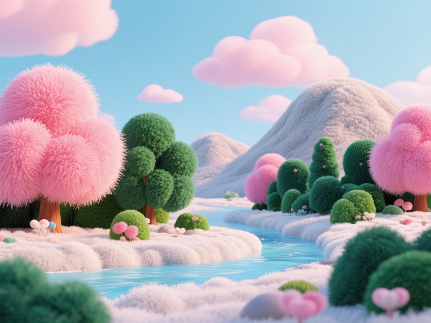 整个世界被柔软的毛绒材质完全包裹，天空是淡粉色的毛绒云朵，地面覆盖着蓬松的白色毛绒，远处的山峦呈现出浅灰色的毛绒质感，树木是深绿色的毛绒灌木丛，河流是流淌的浅蓝色毛绒带，整体画面充满温暖、治愈的氛围，预览效果