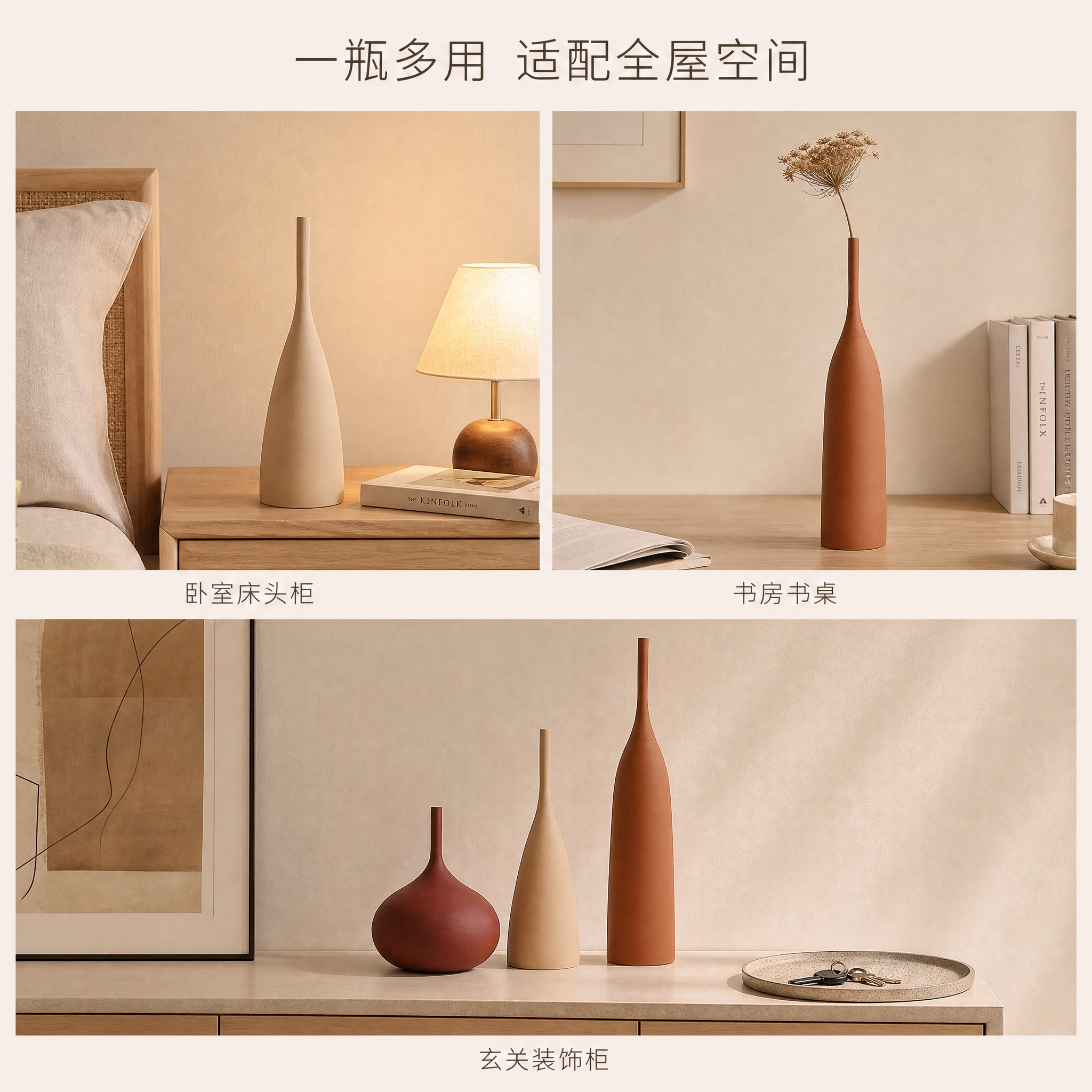 [主图-5] 莫兰迪色艺术陶瓷花瓶三件套 多场景适配展示图。… - 图片创意预览