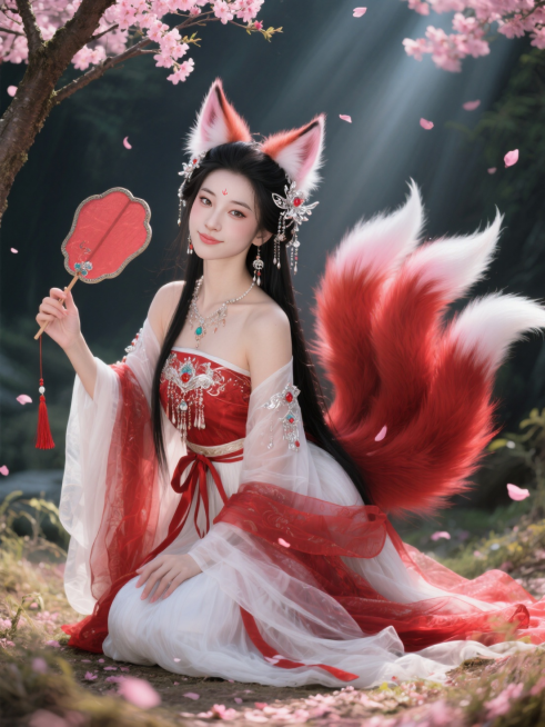 山海经九尾狐妖，含情眼，浅笑，眼尾上扬，大眼睛，手指精细。左手自然放着，右手拿着红玉手柄团扇，低头挑逗眼神看向镜头。精致银制头饰，珠宝。华丽红白古风多层长裙，长袖，精致首饰。流苏，乌黑长发垂落。头顶两预览效果
