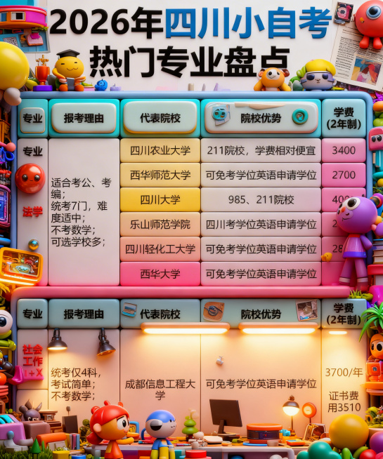 将这张四川小自考热门专业盘点表格转换为卡通风格图片，保留所有文字和表格结构，整体呈现卡通化的视觉效果预览效果