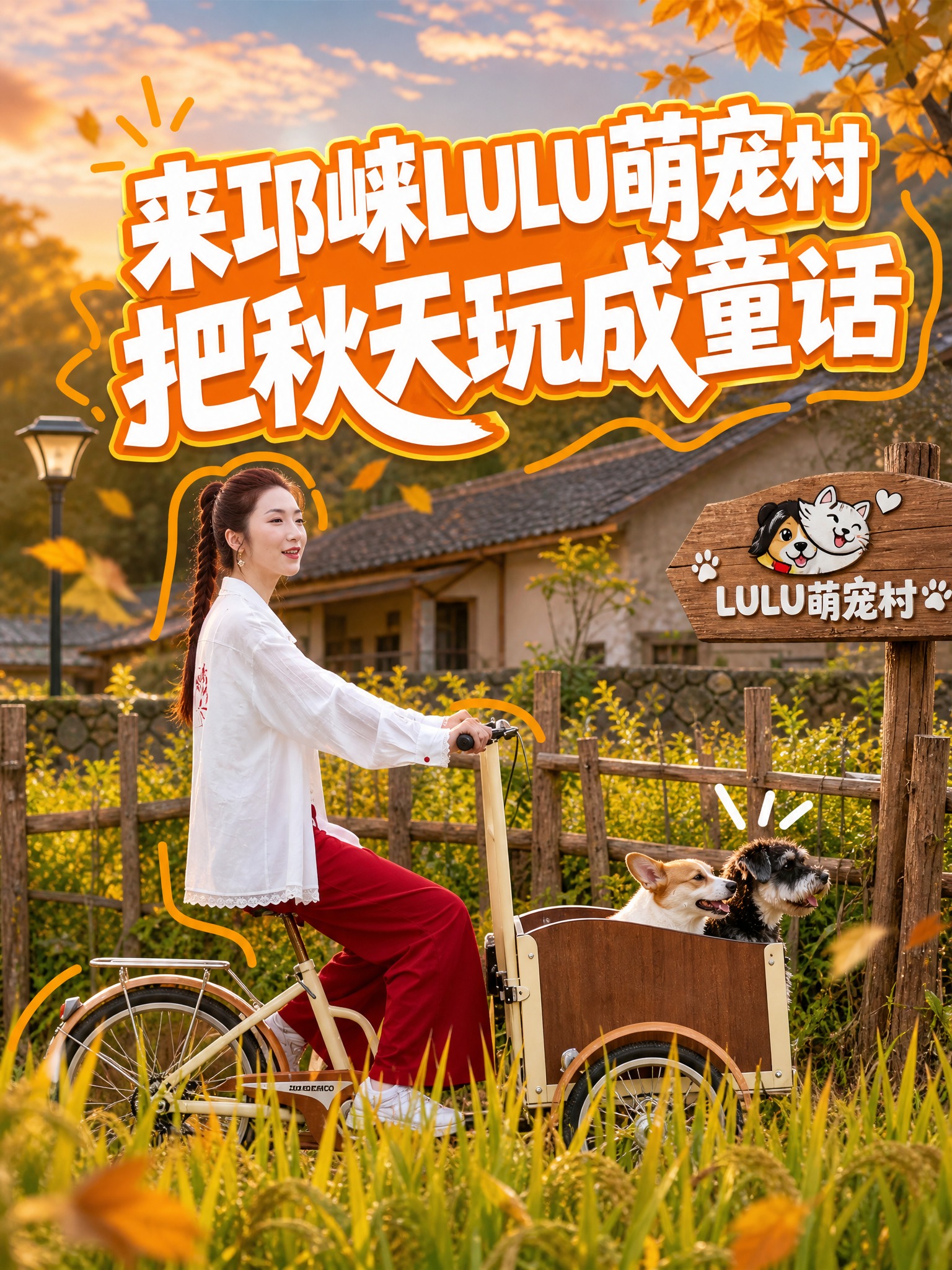 参考第一张图的海报版式风格，以第二张图（女生骑带宠物拖车的自行… - 图片创意预览