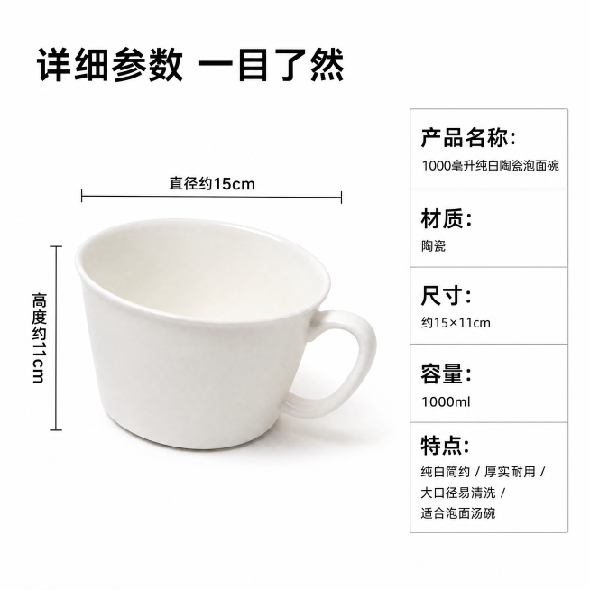 「图片1」，生成一套主图（8张），【微瑕清仓处理小黑点介意不拍】纯白无盖子纯白1000毫升家用陶瓷釉下彩加深加厚创意泡面杯面碗带耳朵直径尺寸18.5cm高10.2cm「图片1」「图片1」拼多多平台，主预览效果