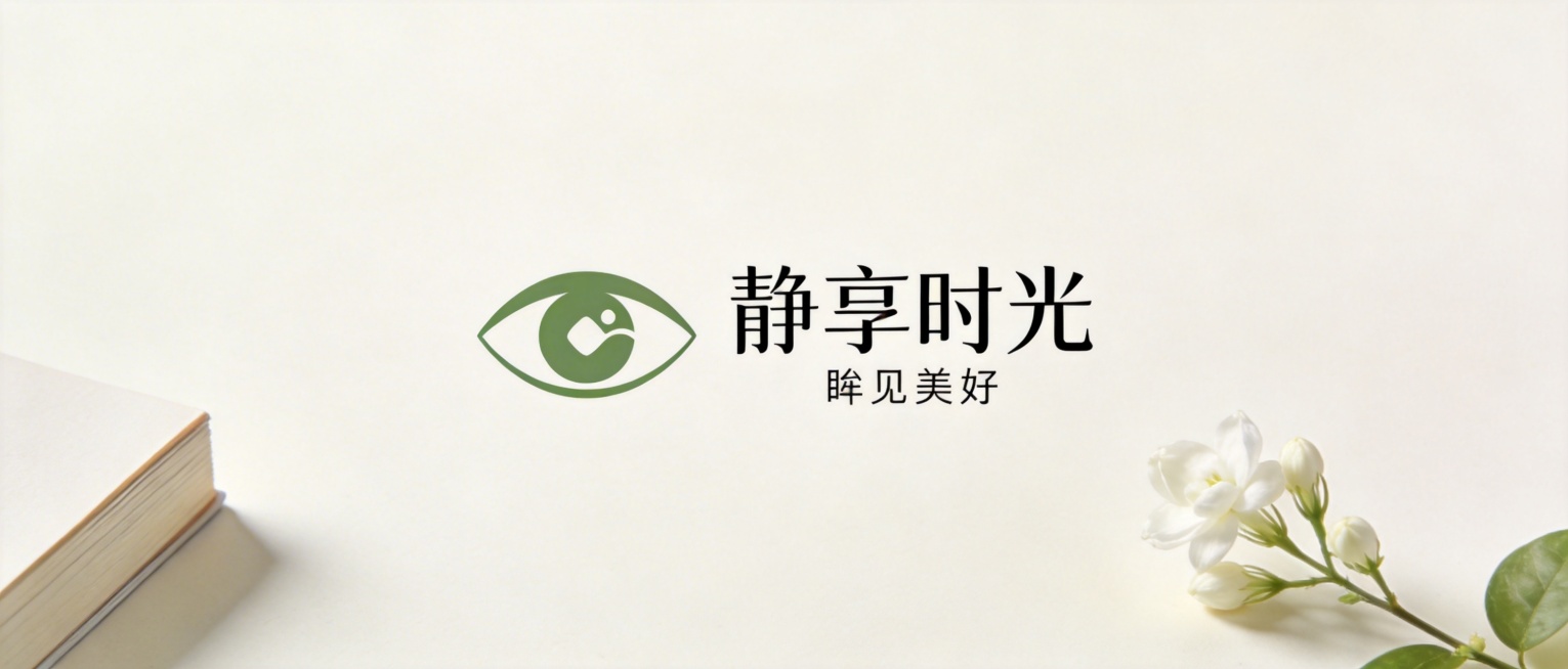 横版极窄21:9比例海报，干净浅米白背景，保留左下角书本一角和右下角一枝茉莉花作为点缀，左侧放置豆沙绿茉莉花眼睛融合品牌Logo，右侧是“静享时光”主标题和“眸见美好”小字副标题，没有任何多余数字、色预览效果