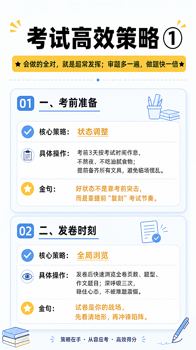 竖屏中学生考试策略海报，背景为浅奶蓝或纯白色，主标题加粗黑色为"考试高效策略 ①"，高亮金句："会做的全对，就是超常发挥；审题多一遍，做题快一倍"，包含一、考前准备：✅ 核心策略：状态调整，具体操作：考前3天按考试时间作息，不熬夜、不吃油腻食物；提前备齐所有文具，避免临场慌乱。金句：好状态不是靠考前突击，而是靠提前"复刻"考试节奏。二、发卷时刻：✅ 核心策略：全局浏览，具体操作：发卷后快速浏览全卷页数、题型、作文题目；深呼吸三次，稳住心态，不被难题震慑。金句：试卷是你的战场，先看清地形，再冲锋陷阵。标题粗黑，金句高亮，行间距宽松，舒适居中排版，简约清晰风格