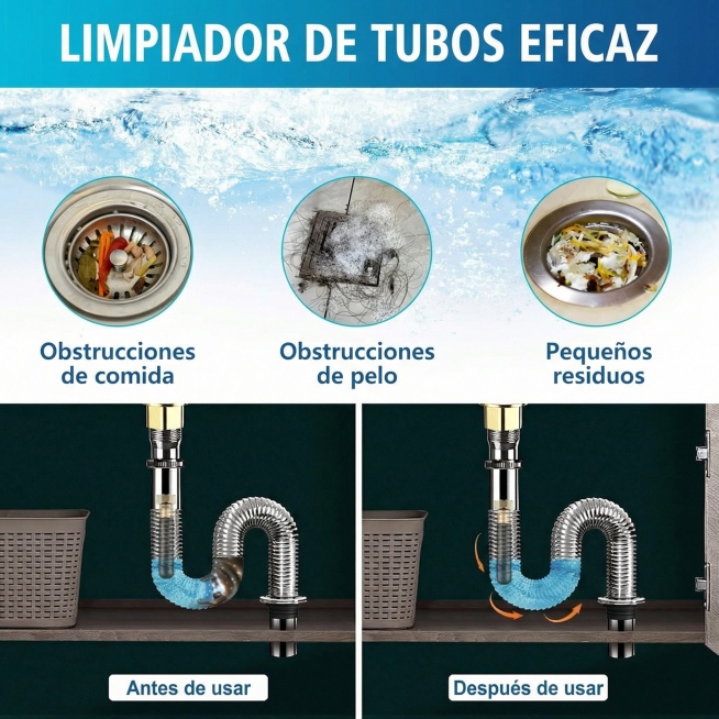 将图片中的英文替换为西班牙语："LIMPIADOR DE TUBOS EFICAZ
Obstrucciones de comida
Obstrucciones de pelo
Pequeños res预览效果