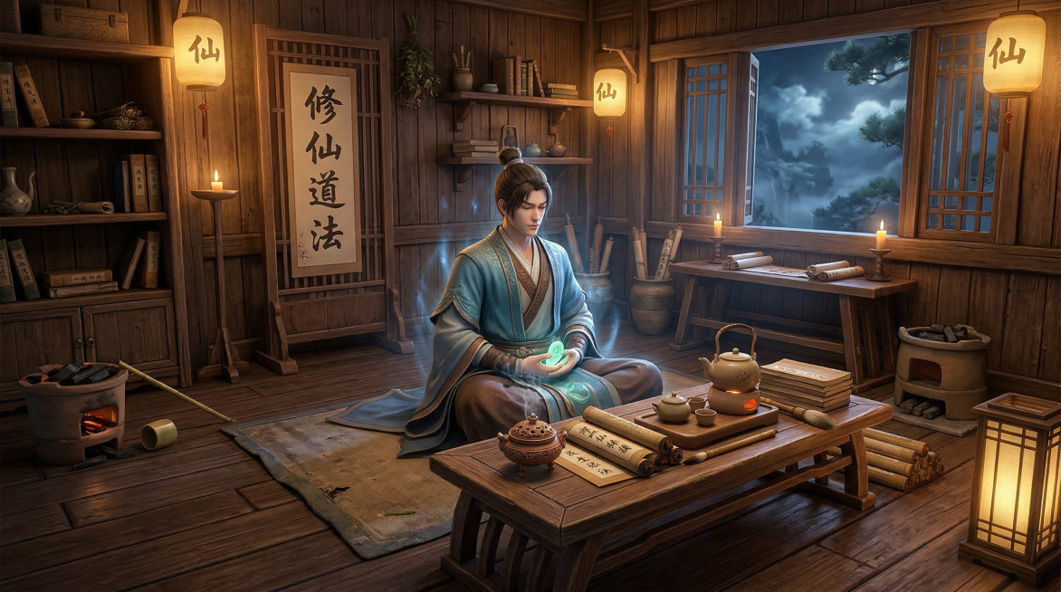 木屋内场景，暖黄柔和色调，3D凡人修仙风格预览效果