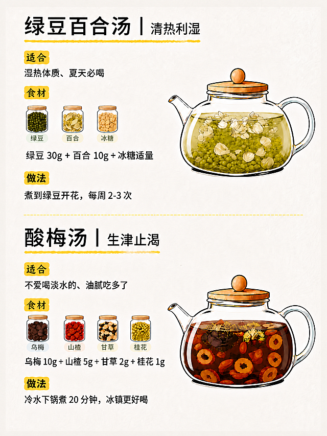 保留图1整体排版、背景风格、宽矮胖茶壶样式，将图1所有文字标题、食材信息、做法/泡法和茶壶内容完全替换为图2的绿豆百合汤和酸梅汤的正确内容，保持比例3:4，清晰度2k，所有内容准确无误
