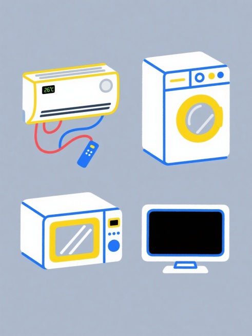 简约现代风格的纯色背景插画，画面中四个家电素材呈规整排布。每个家电均采用简洁的线条勾勒，主体为白色，边缘配以蓝色描边，局部细节用黄色点缀。左上角是挂壁式空调，白色机身，显示屏和圆形出风口边缘有黄色装饰，下方有红色和蓝色的冷气线条及一个显示26℃的蓝色遥控器；右上角是洗衣机，白色方体造型，正面有圆形透明视窗，边缘黄色，机身有蓝色线条装饰；左下角是微波炉，白色长方体，正面有带黄色边框的透明观察窗和……预览效果
