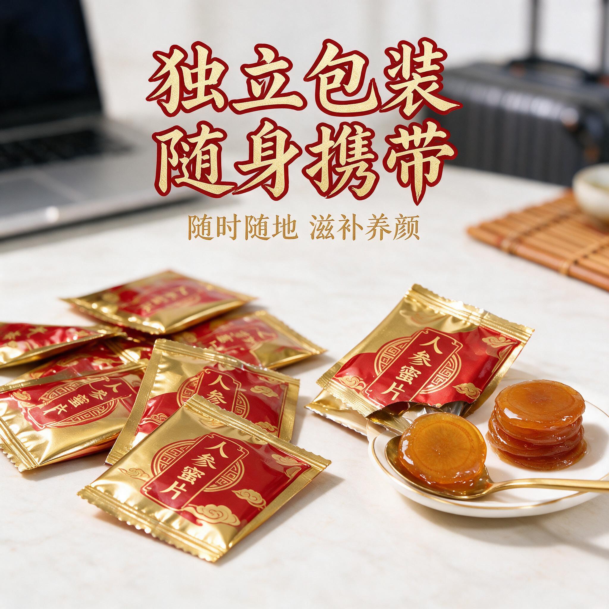 拼多多电商主图，1:1正方形，人参蜜片包装展示图。展示独立小包… - 图片创意预览