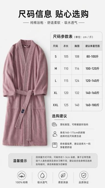 [第8屏] 尺码信息页，纯棉浴袍尺码参数与选购建议。本屏使用【图3】作为产品展示参考。
[标题版式] 顶部主标题，左侧产品平铺图，右侧尺码表排版，文字清晰层级分明。
[氛围/风格] 简约信息卡风，干净预览效果