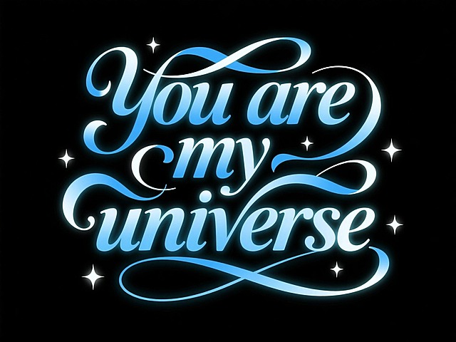 黑色背景，文字蓝色渐变。英文"You are my universe"营造出轻盈、虚幻之感，在文字周围点缀闪烁的星星元素，增添梦幻氛围，整体营造出唯美浪漫且充满幻想的视觉效果