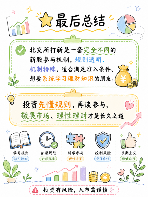 仿照参考图小红书简洁手绘涂鸦风格，比例3:4竖版，极简清爽画风，多元明亮通透色彩，画面信息量饱满，完整保留总结文字：🌟最后总结
北交所打新是一套完全不同的新股参与机制，规则透明、机制特殊，适合满足准预览效果