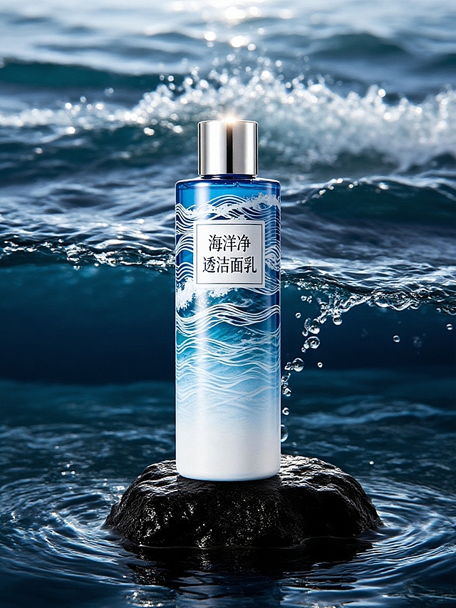 商业静物摄影。主体置于水面上的黑色岩石上，周围是翻涌、带有水花的深蓝色水流，营造出充满力量感、清爽的男士护肤品氛围。高级的光影。
