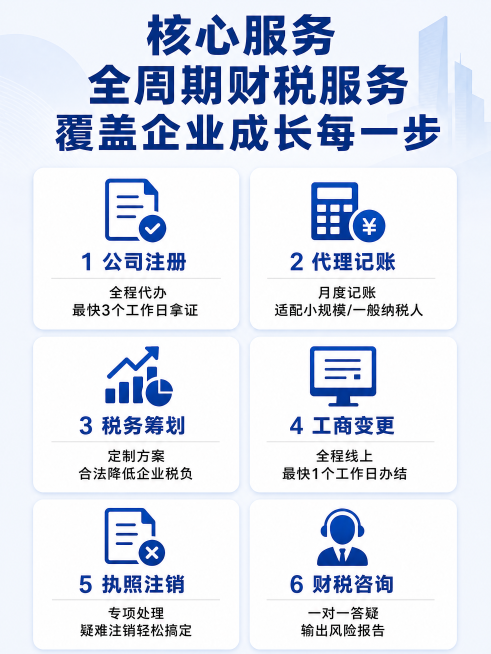 [第5屏] 佳信财税服务项目展示模块
[氛围风格] 清晰规整，信息密度适中，专业商务排版
[元素布局] 顶部大标题，下方用卡片式布局展示6大类服务项目，每行两个服务卡片，排列整齐，每个卡片包含图标和文预览效果