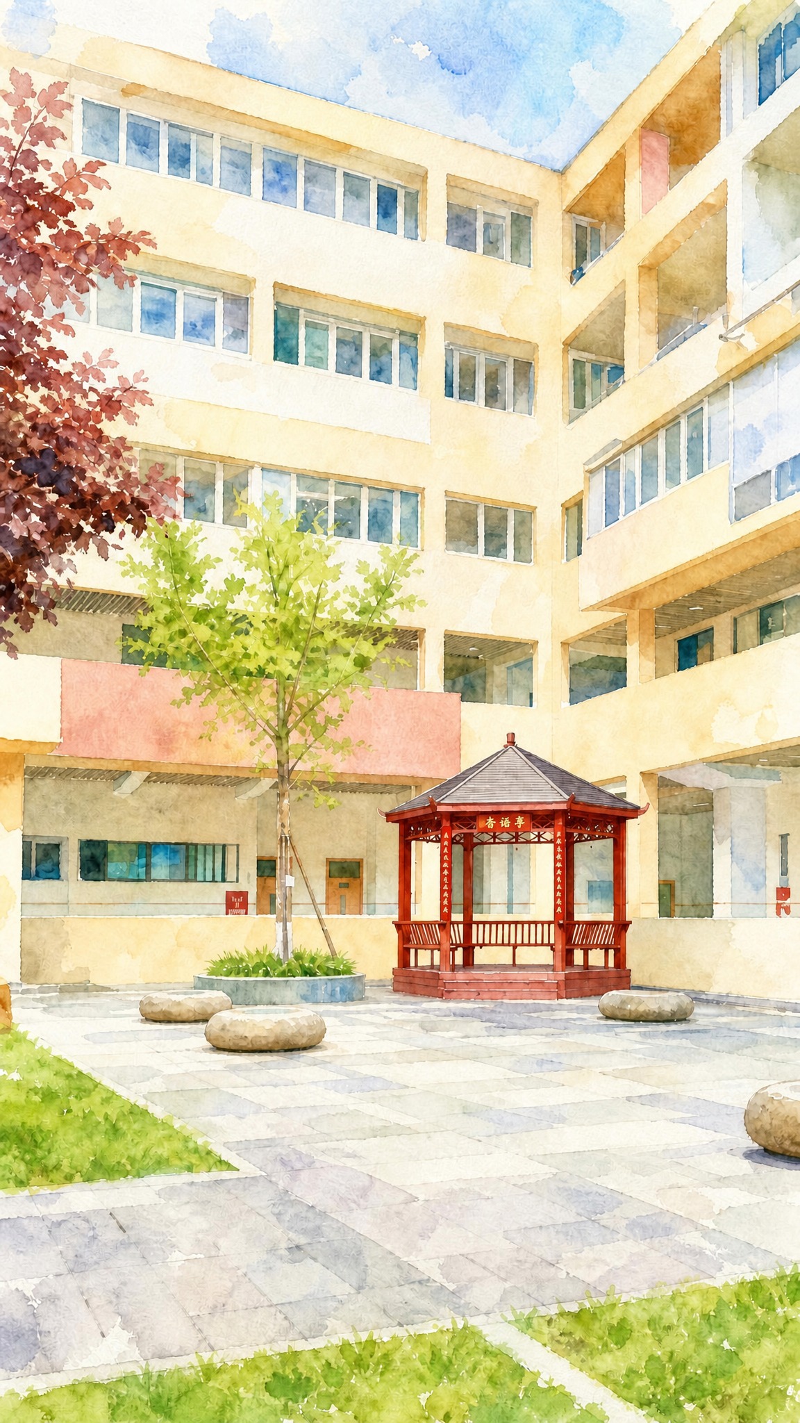 将亭子牌匾上的文字修改为"杏语亭"，保持水彩画风格不变，字体与… - 图片创意预览