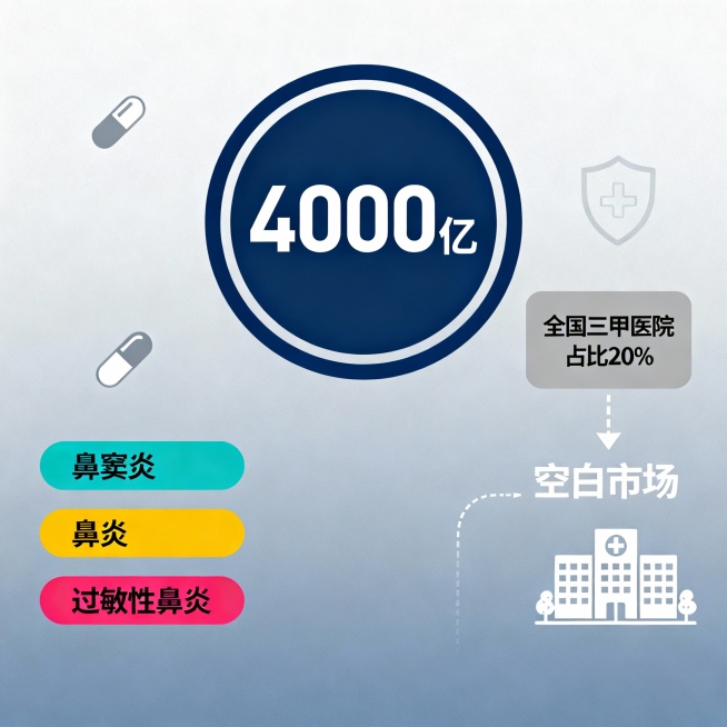 4000亿鼻炎市场里面，鼻窦炎，鼻炎，过敏性鼻炎，全国3甲医院占比20%，空白市场预览效果