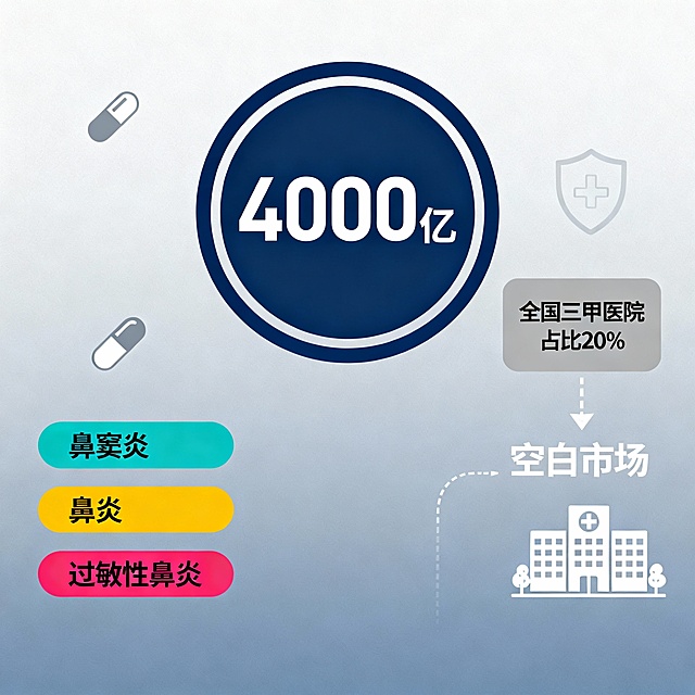 4000亿鼻炎市场里面，鼻窦炎，鼻炎，过敏性鼻炎，全国3甲医院占比20%，空白市场