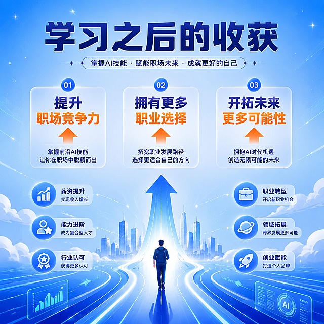 [主图-3] 互联网AI培训学习获得感展示图；
[氛围风格] 统一科技蓝色风格，积极向上充满希望；
[画质] 商业设计质感，文字清晰锐利，画面干净通透。
[元素] 画面中心向上生长的未来职业路径简约图示，周围搭配职业发展关键词图标，背景采用蓝色渐变加星光点缀，传递未来可能性，整体信息占比约70%，画面满屏无边框。
[光影] 中心内容主光突出，周围元素辅助光柔和，整体明暗清晰通透，星光点缀增加希望感。
[配色] 主色调科技蓝色，浅蓝色渐变背景，深蓝色文字搭配橙色高光强调核心收获，对比强烈醒目。
[视角构图] 中心聚焦构图，核心获得感信息居中突出。
[文字版式] 顶部大字标题："学习之后的收获"，加粗深蓝色；中心三大收获分块展示：
第一块「提升职场竞争力」
第二块「拥有更多职业选择」
第三块「开拓未来更多可能性」
每块标题加粗展示，搭配向上箭头图标，文字大小对比清晰，保持安全边距不遮挡主体图形。
[输出要求] 1:1比例，文字清晰可辨，超高清商业设计质感；
[负向提示词] 变形，文字错乱，模糊，背景杂乱，水印，电商平台Logo，绝对化违禁词，联系方式。