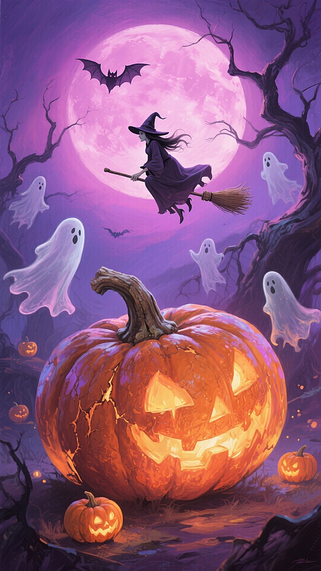 梦幻紫月夜下，巫师乘帚飞越南瓜灯与幽灵，哥特风插画融合厚涂与重拟物手法，营造神秘故事感，油画质感尽显万圣节氛围。