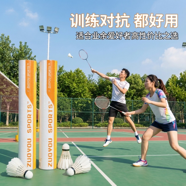 羽毛球业余训练场景展示，活力动感风格，自然光+场馆灯光混合，真实抓拍感，背景为户外羽毛球场地，天气晴朗，两位业余羽毛球爱好者（一男一女，亚洲面孔，身着休闲运动服）正在进行双打对抗，动作舒展自然；画面左预览效果