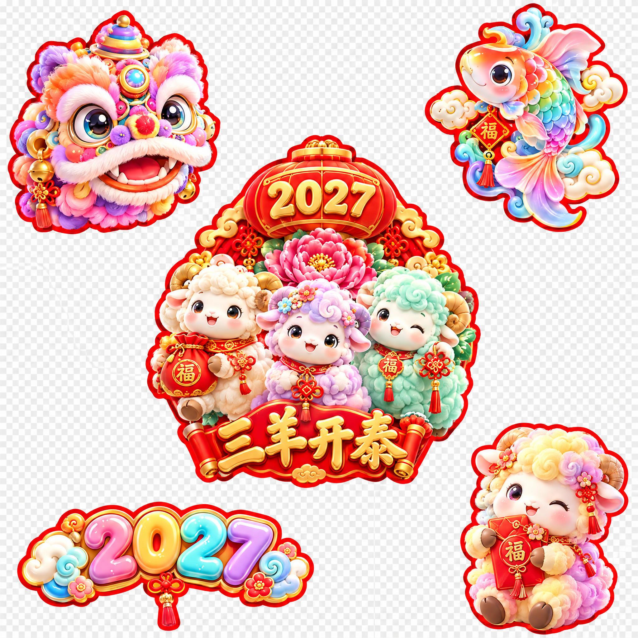 重新生成与参考图风格相似但完全不同造型的2027羊年春节贴纸套… - 图片创意预览