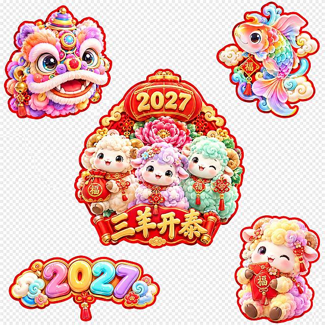 重新生成与参考图风格相似但完全不同造型的2027羊年春节贴纸套图，透明背景，包含5个独立元素：1. 醒狮头贴纸，粉橙紫渐变配色，红边描边，可爱Q版，造型与参考图不同；2. 锦鲤与祥云组合贴纸，国潮可爱风，彩虹色锦鲤，造型与参考图不同；3. 三只可爱小羊组合主贴纸，上方有"2027"红色灯笼造型牌匾，中间有牡丹花装饰，下方有"三羊开泰"金色书法立体字，三只羊颜色分别为奶白色、粉紫渐变色、薄荷绿色，身上有福袋和中国结装饰，红边描边，羊的姿态和造型与参考图明显不同；4. 糖果色"2027"艺术字贴纸，两侧有云朵装饰，造型与参考图不同；5. 粉黄渐变小羊抱红包贴纸，可爱Q版，红边描边，造型与参考图不同。整体风格：3D卡通渲染，马卡龙彩虹配色，喜庆春节氛围，贴纸质感，红边描边，透明背景，元素独立分布，确保与参考图不雷同有明显差异