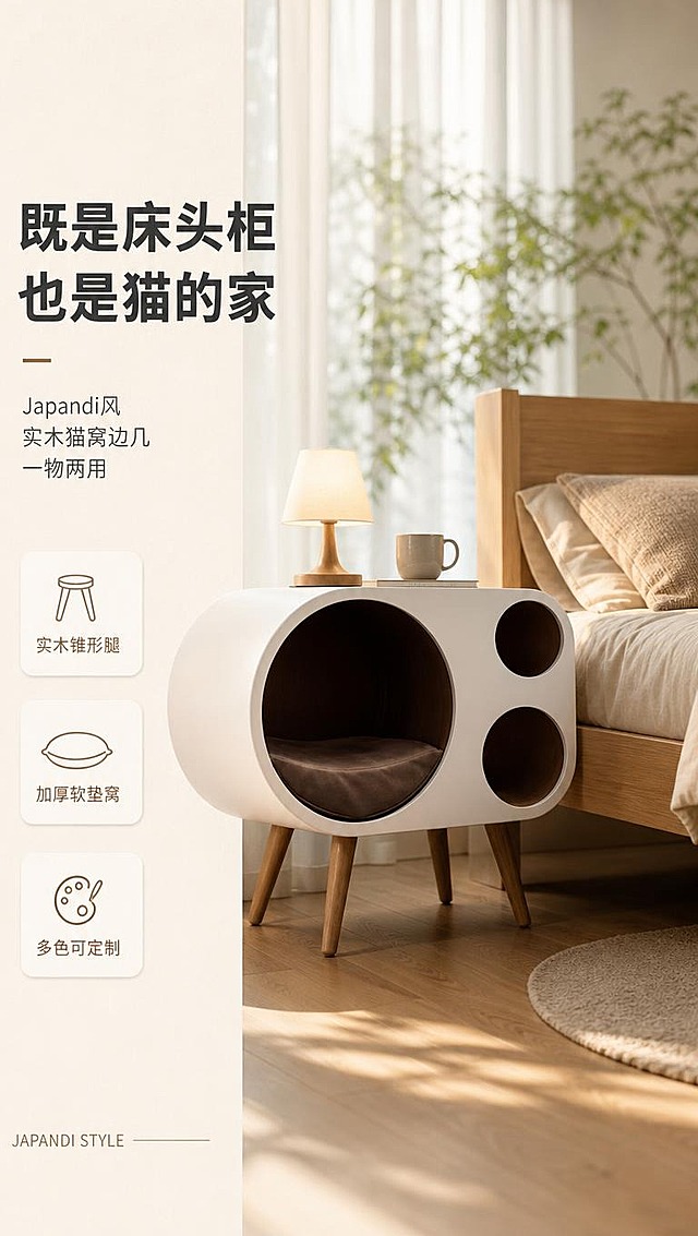 [商品] 使用【图1】Japandi风猫窝床头柜；保留白色圆润柜体、大圆形主孔+两个小圆孔的独特造型、深棕色软垫内部、实木锥形腿、整体比例和材质质感；修复光影，让产品轮廓更清晰，不改变结构和颜色。
[画面] 目标：风格场景头图，展示产品全貌与Japandi治愈氛围。构图：左文右景，左侧约1/3竖列文案区，右侧卧室大场景。产品放置在浅橡木床旁，晨光透过白纱窗帘洒入，在木地板上投下柔和阴影。桌上放陶瓷小杯和极简暖光小台灯。产品占画面约55%，前景木地板、中景产品+床品、后景虚化窗帘与绿植。整体温馨宁静，超写实电影感光影。
[视觉] 套系策略：风格=Japandi日式北欧融合极简家居摄影；标题字=现代简约无衬线粗体；正文字=纤细优雅无衬线体；主色=奶白+浅木棕；背景延展=基于奶白和浅木棕做深浅层级、同色渐变和细腻纸张/木纹质感；强调色=深焦糖棕，仅用于小面积图标、引线和标签；标题色=深炭灰；正文色=中暖灰；组件=圆角浅底信息卡、细线引线、极简icon；光影=左前侧暖调晨光，柔和漫射。
[文字] 左侧竖列文案区：主标题「既是床头柜 也是猫的家」，副标题「Japandi风实木猫窝边几 一物两用」，3条亮点「实木锥形腿」「加厚软垫窝」「多色可定制」，底部英文角标「JAPANDI STYLE」。文字不遮挡产品主体和圆孔。
[规格] 图片比例9:16竖版，4K分辨率，负向提示：避免变形、缺件错件、文字过小、冷蓝背景、产品颜色改变、结构失真、极限词、水印、二维码。