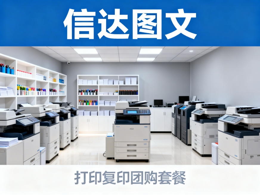 打印店门店宣传头图，主题是打印复印团购套餐，画面展示明亮整洁的打印店门店环境，包含"信达图文"店名，现代简约风格，吸引点击，4:3比例，适用于美团抖音门店首页展示预览效果