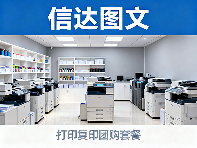 打印店门店宣传头图，主题是打印复印团购套餐，画面展示明亮整洁的打印店门店环境，包含"信达图文"店名，现代简约风格，吸引点击，4:3比例，适用于美团抖音门店首页展示