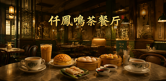 写实商业摄影风格，茶餐厅品牌主视觉横幅海报，超宽幅构图。画面呈现精致的港式茶餐厅内景场景：暖黄色灯光，木质桌椅，桌上摆放着港式奶茶、菠萝油、虾饺、烧卖等经典茶点，食物诱人，写真写实。画面中央偏上位置有醒目的品牌文字"仟鳳鸣茶餐厅"，新中式书法字体，金色质感。整体氛围温馨雅致，高级有格调，像真实拍摄的茶餐厅大片。超宽横幅构图，左右延伸有空间感。无任何优惠字眼、地址、电话、二维码等信息。版式精美，品牌感强。