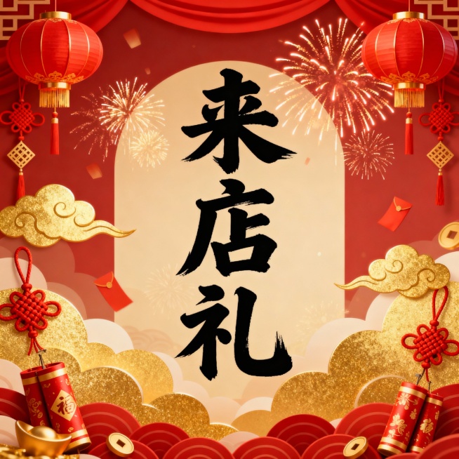 請幫我做一張過年的底圖，中間的字寫:來店禮预览效果