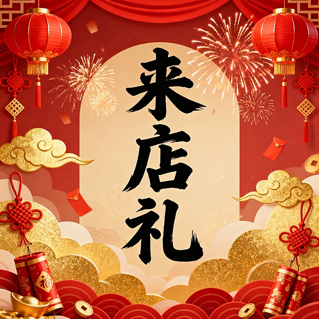 請幫我做一張過年的底圖，中間的字寫:來店禮