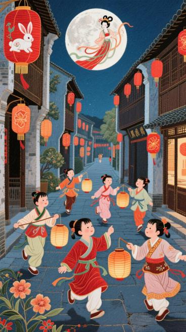 古镇街道上，小朋友们提着灯笼奔跑嬉戏，街边灯笼高挂，圆月高悬上面给有嫦娥和兔子，暖红与月白辉映，散点构图，传统热闹风预览效果